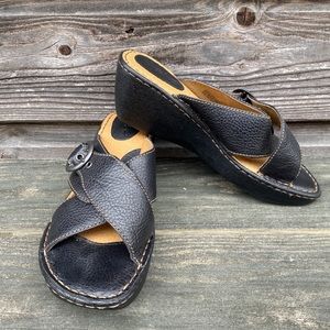 B.O.C. Black Leather Wedge Sandals With Buckle